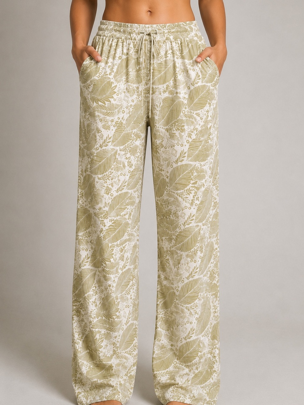 Love Wish Women Wide Leg Pants in Olive Green and Cream Leaf Print Size XL